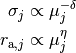 \sigma_j &\propto \mu_j^{-\delta}\\
r_{{\rm a},j} &\propto \mu_j^{\eta}